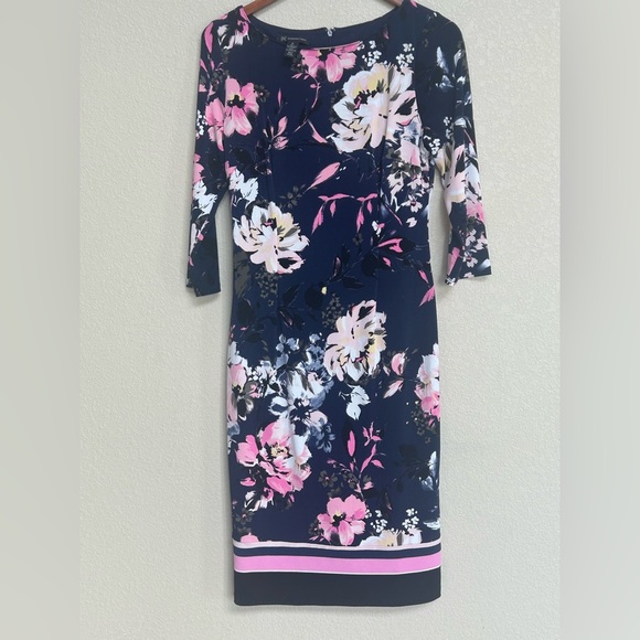 INC International Concepts Floral Dress Size Medium Navy Pink 3/4 Sleeve Sheath - Picture 1 of 6
